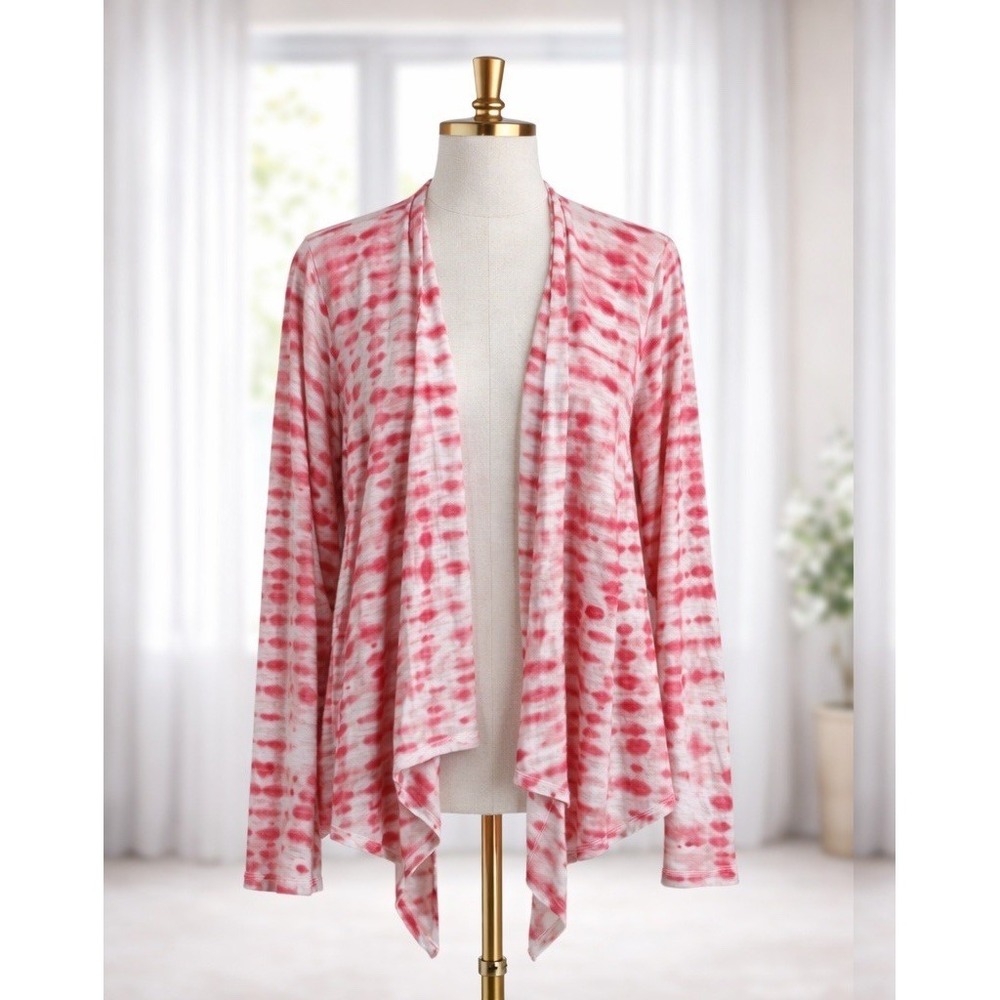 Belle by Kim Gravel Open Cardigan Pink White Tie Dye Cotton Modal Knit Size XL